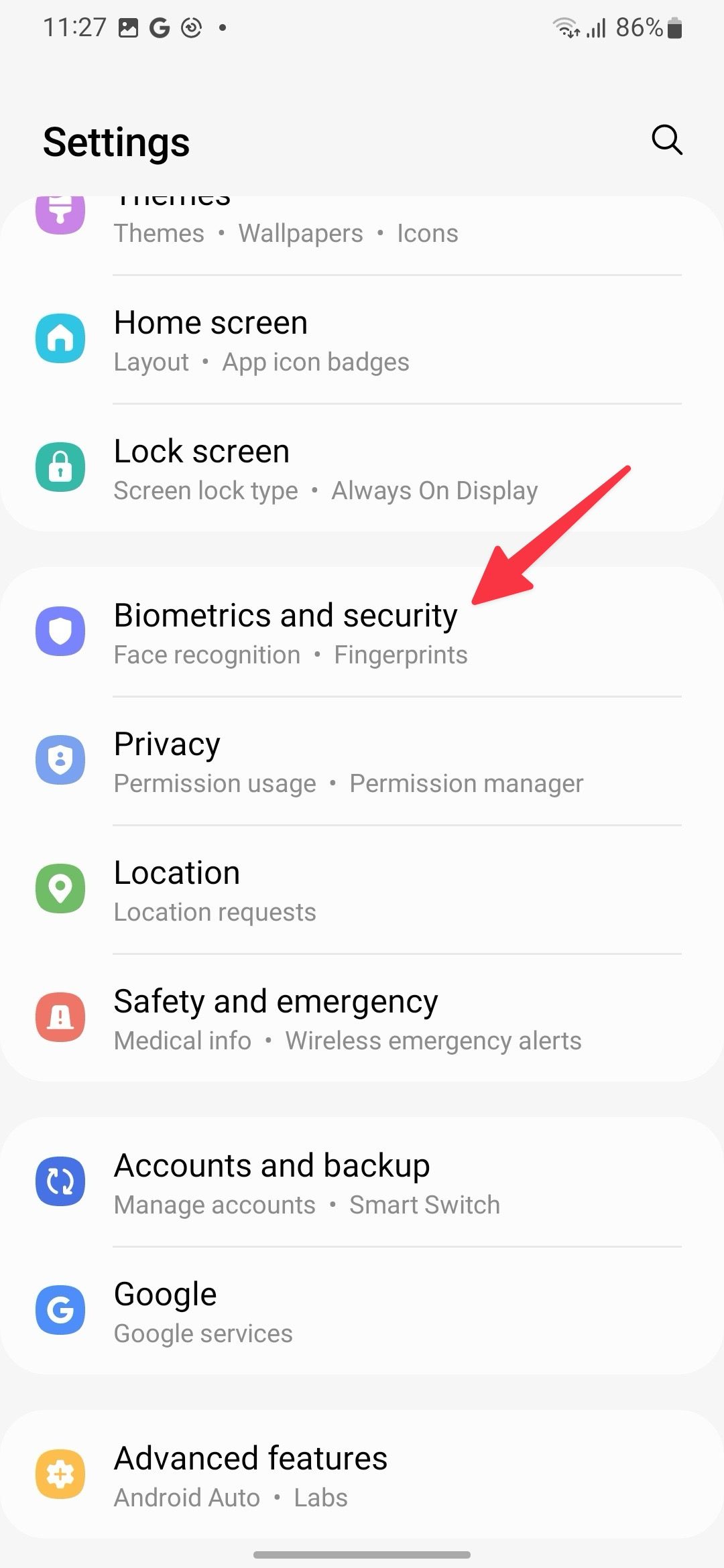 biometric and security in Samsung settings