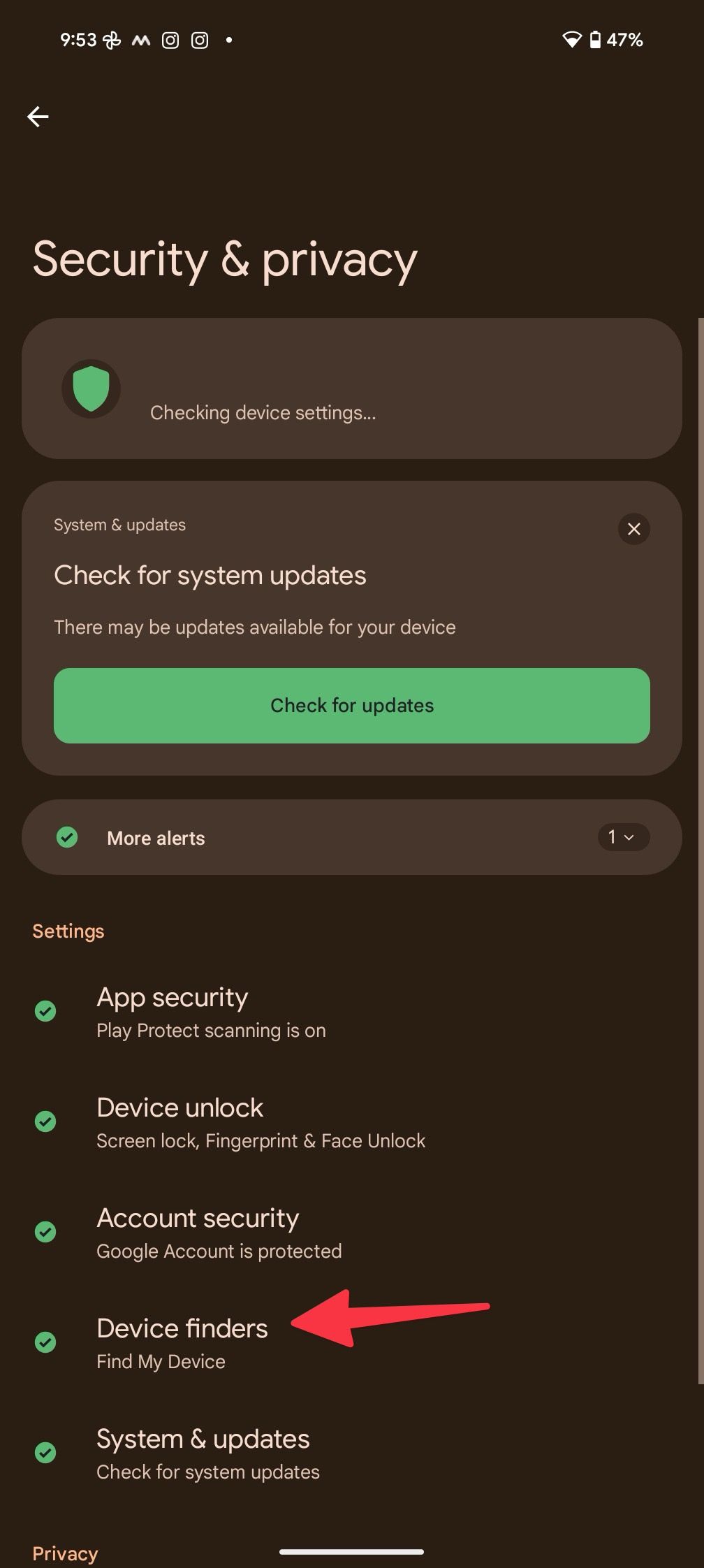 device finders menu on Android