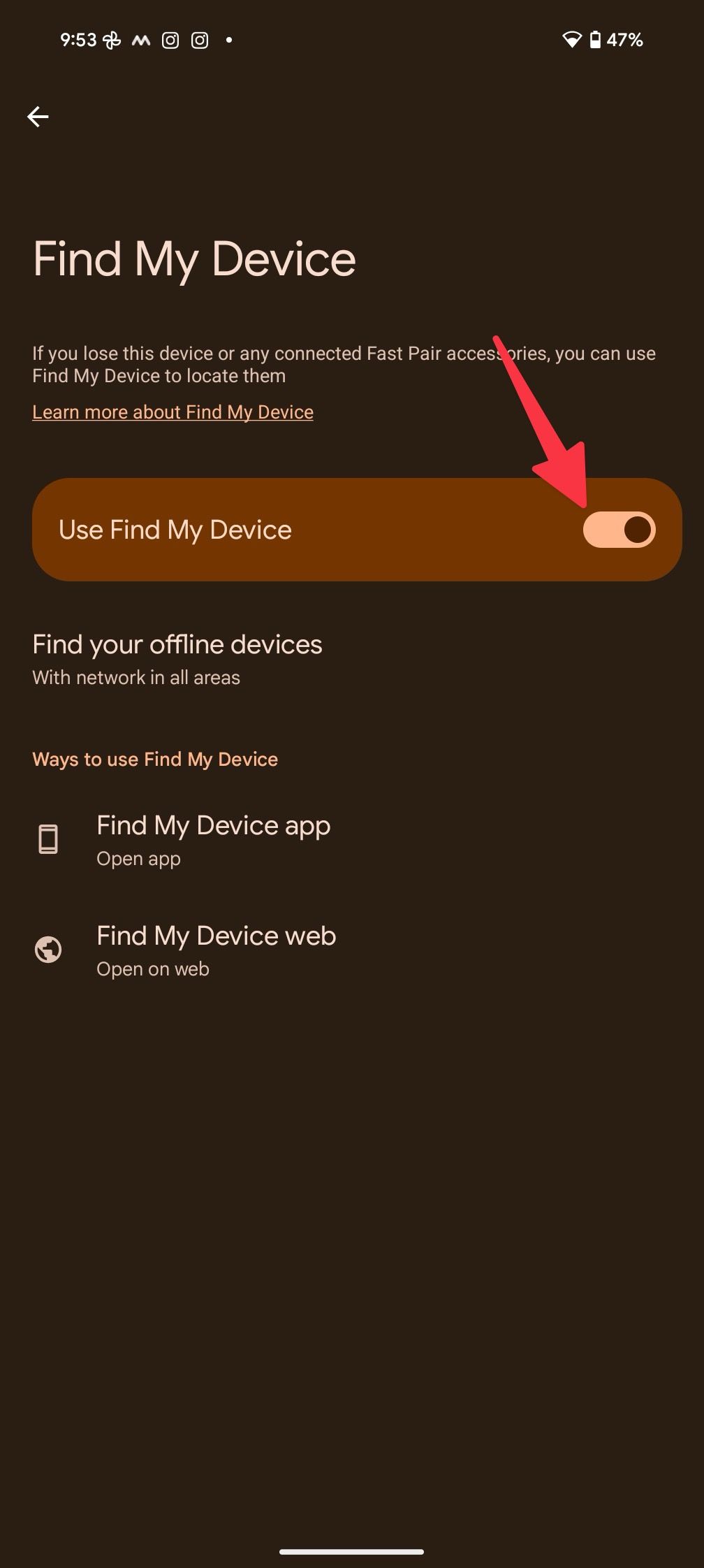 An option to enable Find My Device on Android