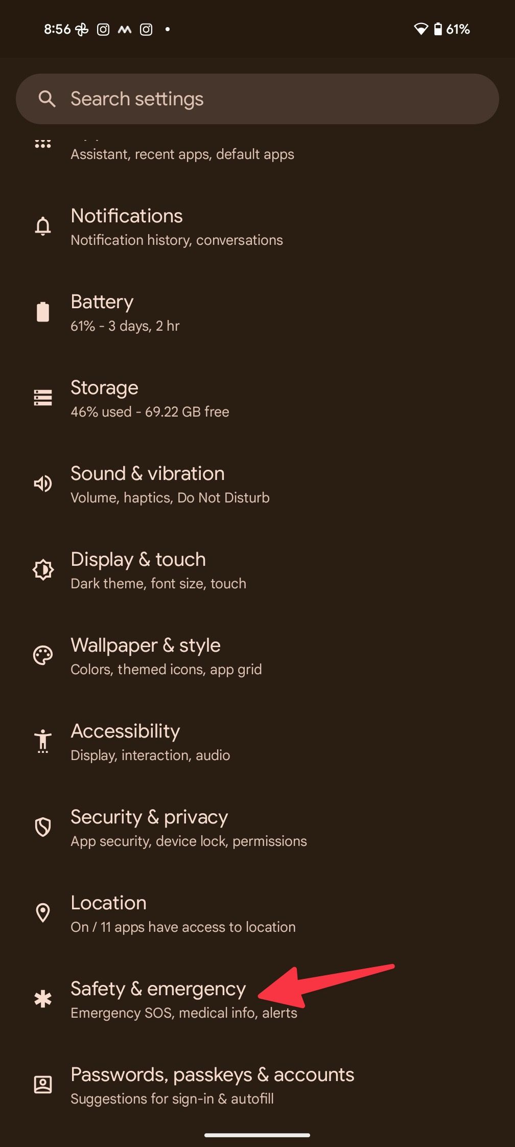 Open Safety & emergency in the Settings menu.