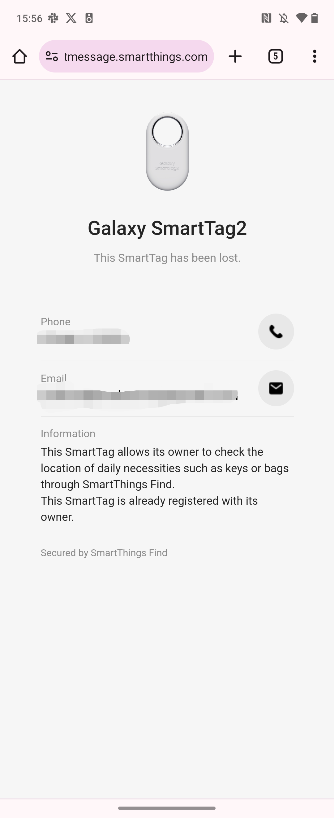 A photo of the SmartTag2 lost mode settings: phone, email