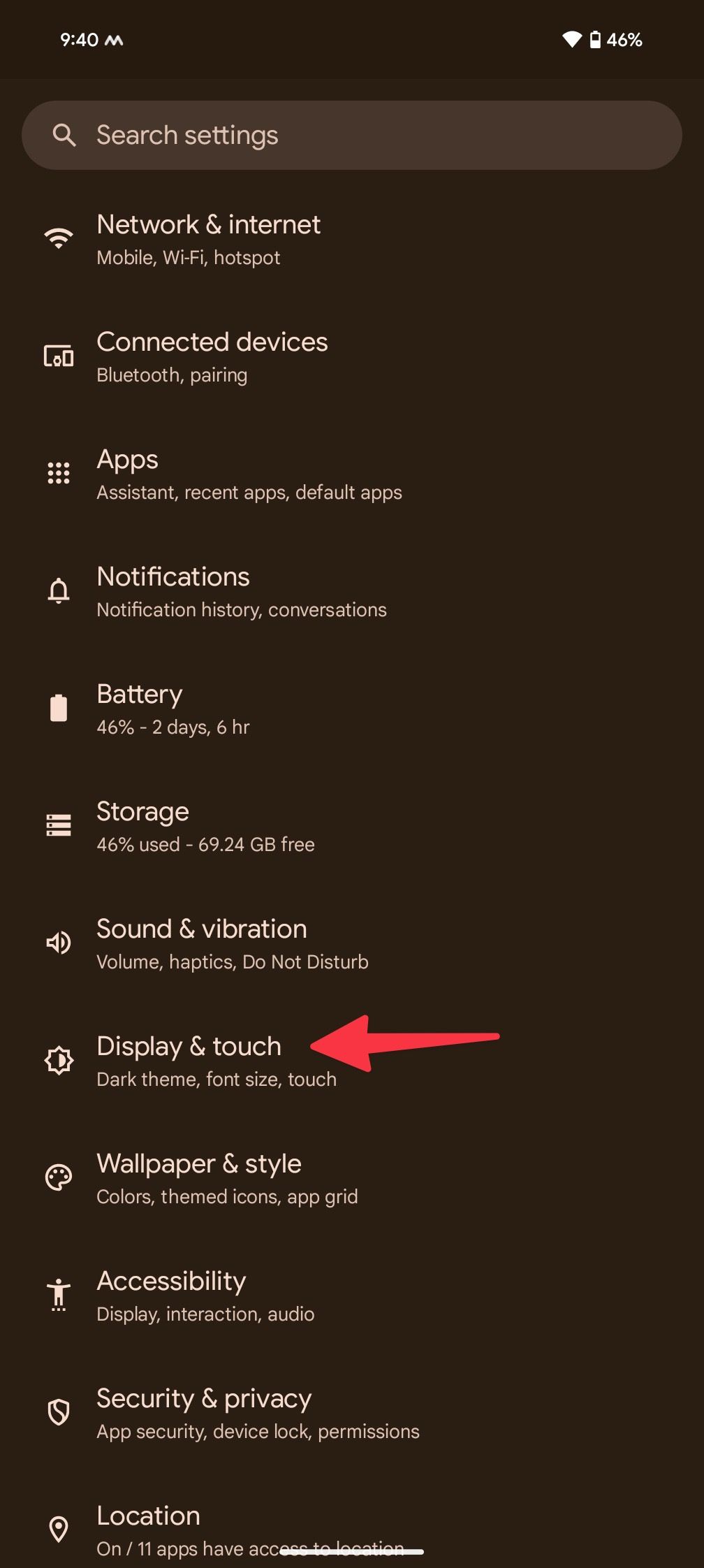 Open the Display & touch menu