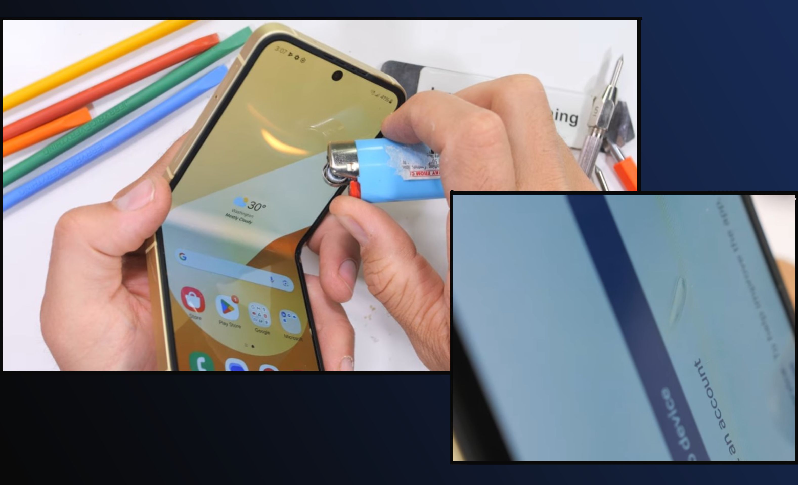 Two screenshots from JerryRigEverything's video showcasing him flame testing the inner display. Considering it is plastic, it doesn't hold up too well.