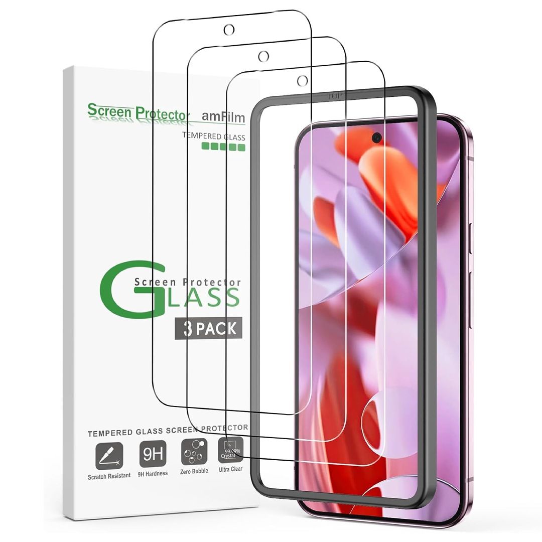 A render of the AmFilm tempered glass Pixel 9 Pro XL screen protector, and its box