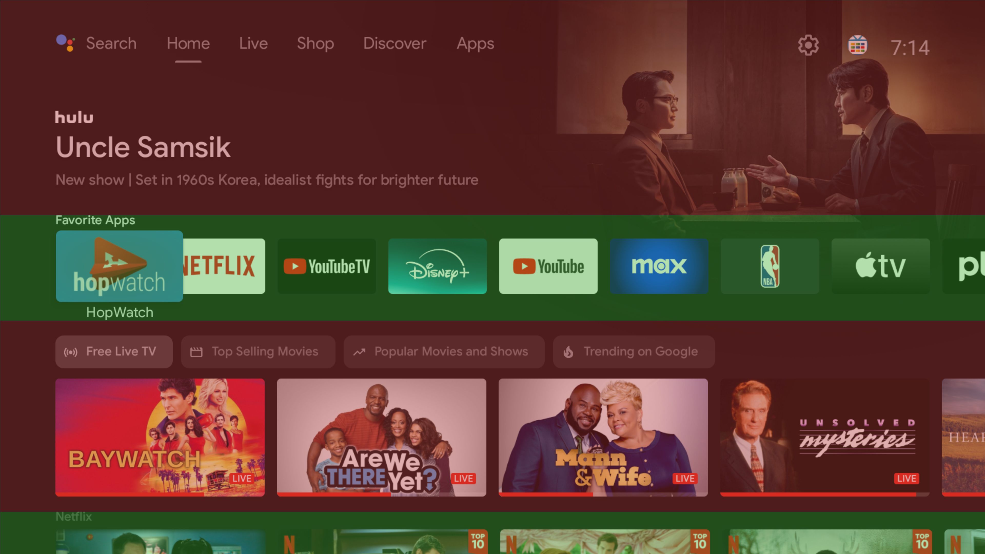 shield tv home screen screenshot showing ads in red and section you can adjust in green