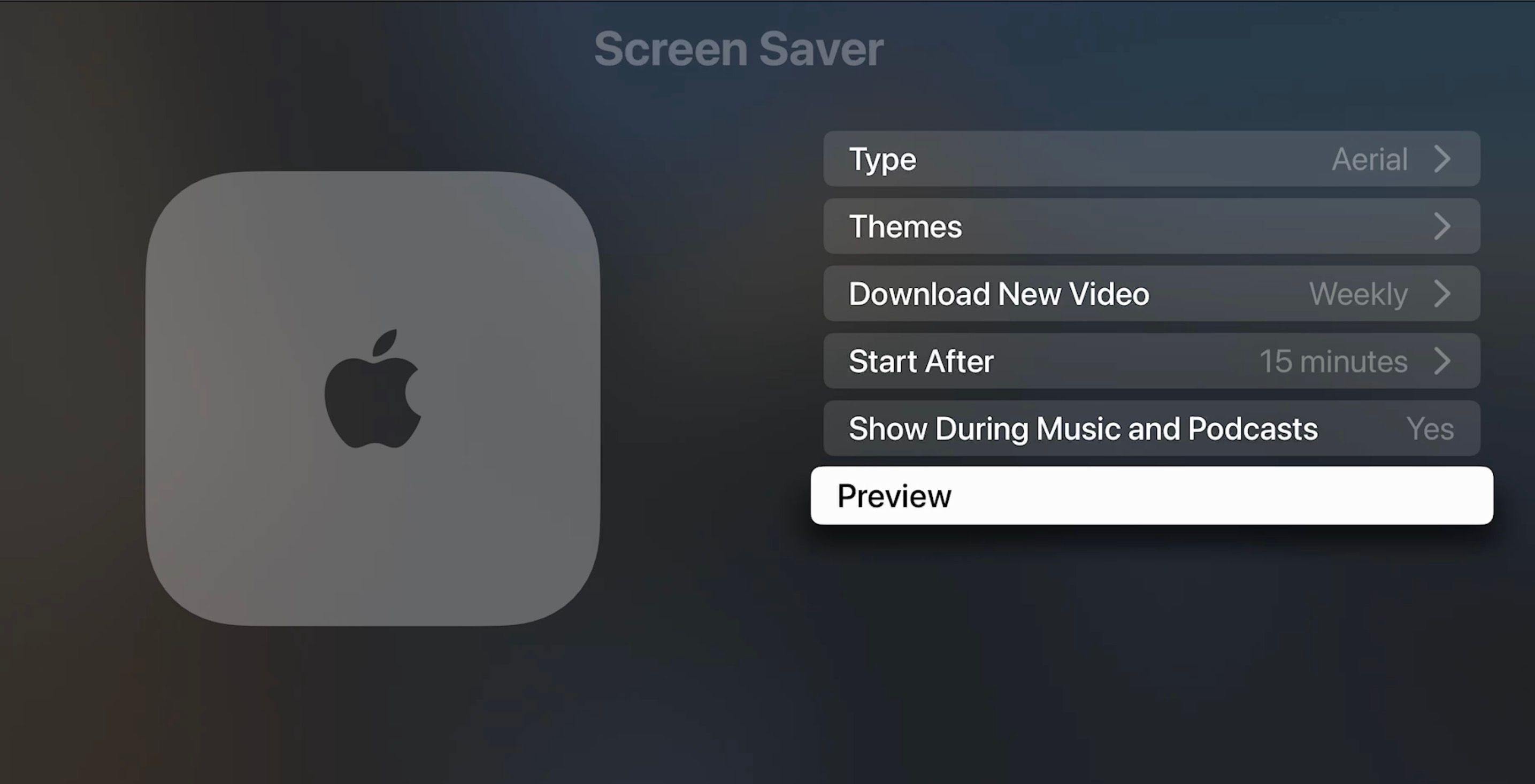 Screensavers menu in Apple TV