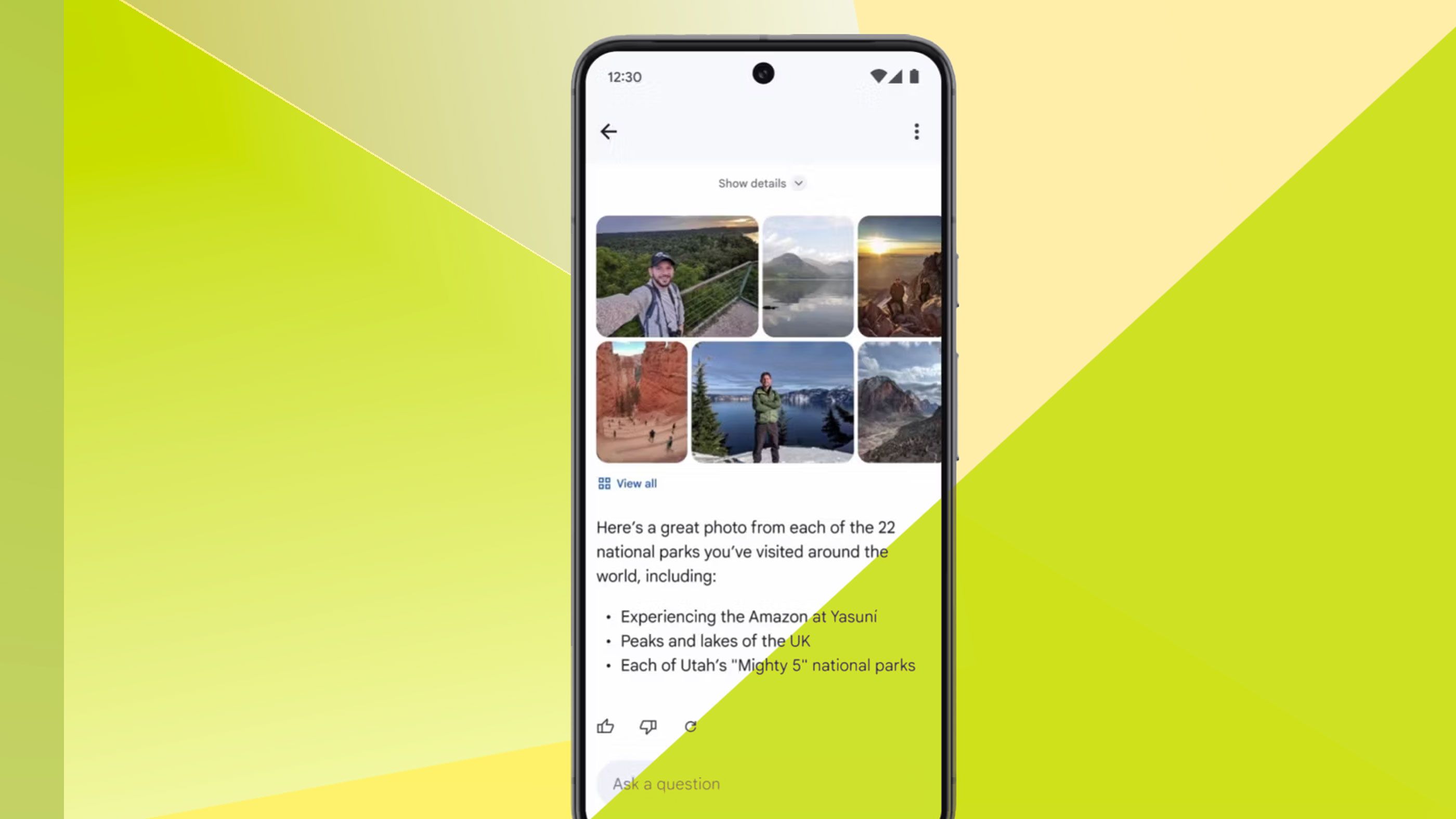 The Google Ask Photos results screen with a geometric background