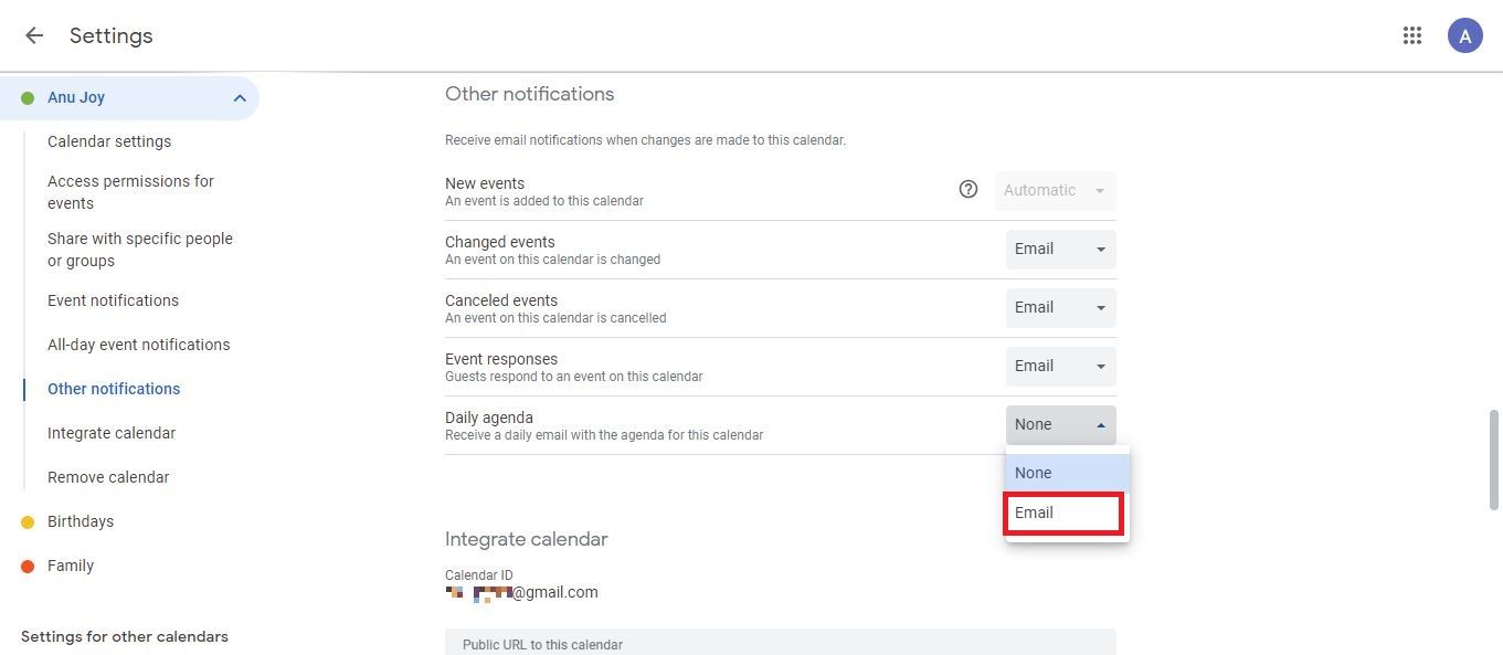 Screenshot highlighting Email in Google Calendar