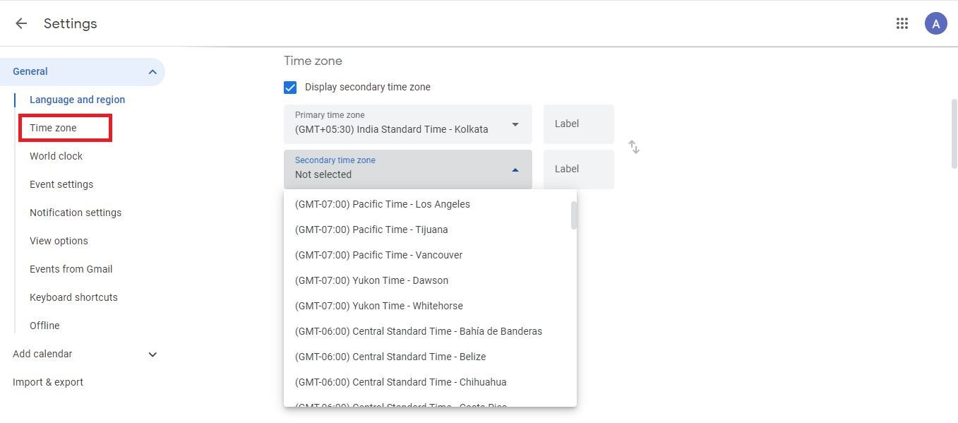 Screenshot highlighting time zone in Google Calendar