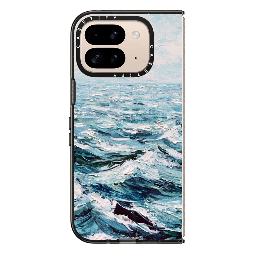 A phone case with ocean waves on a white background