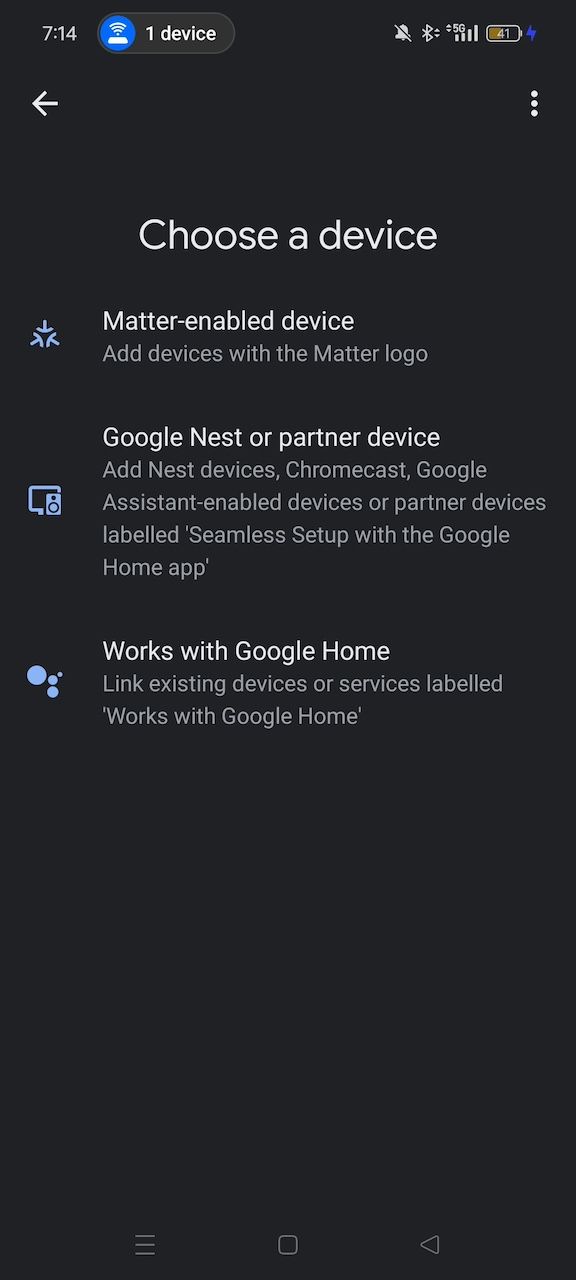 Choose a device page on Google Home app showing device list to select