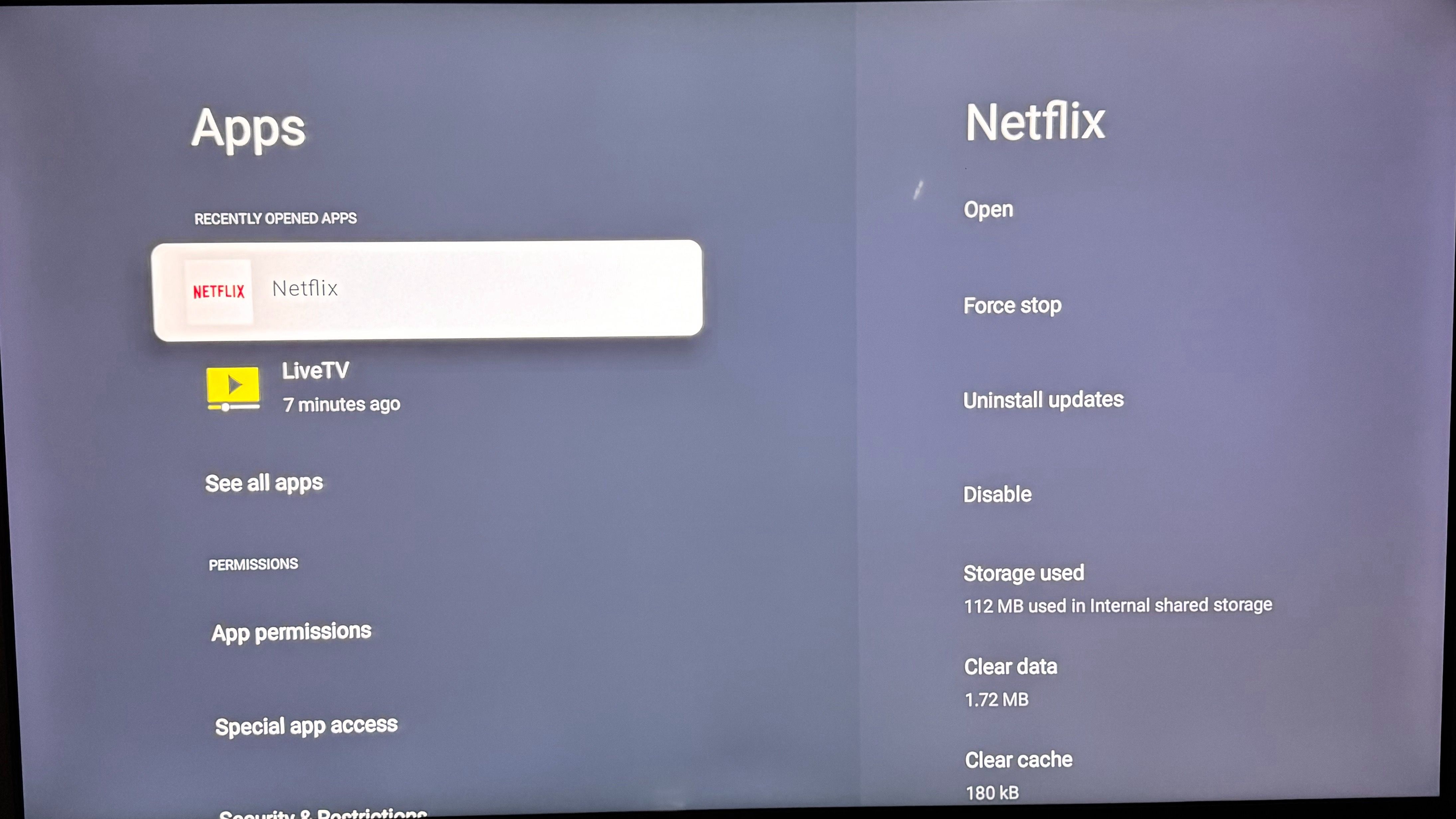 Force stop an app in Google TV Settings