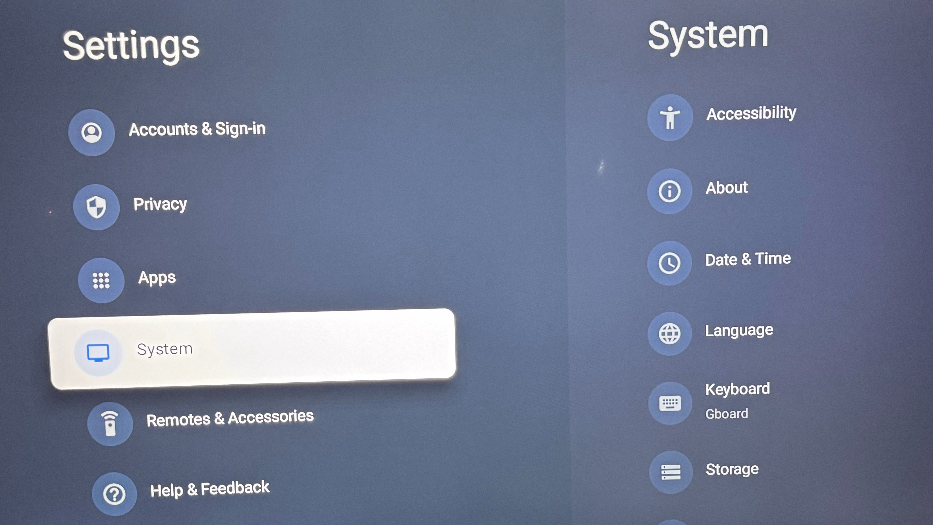 Open System menu in Google TV Settings