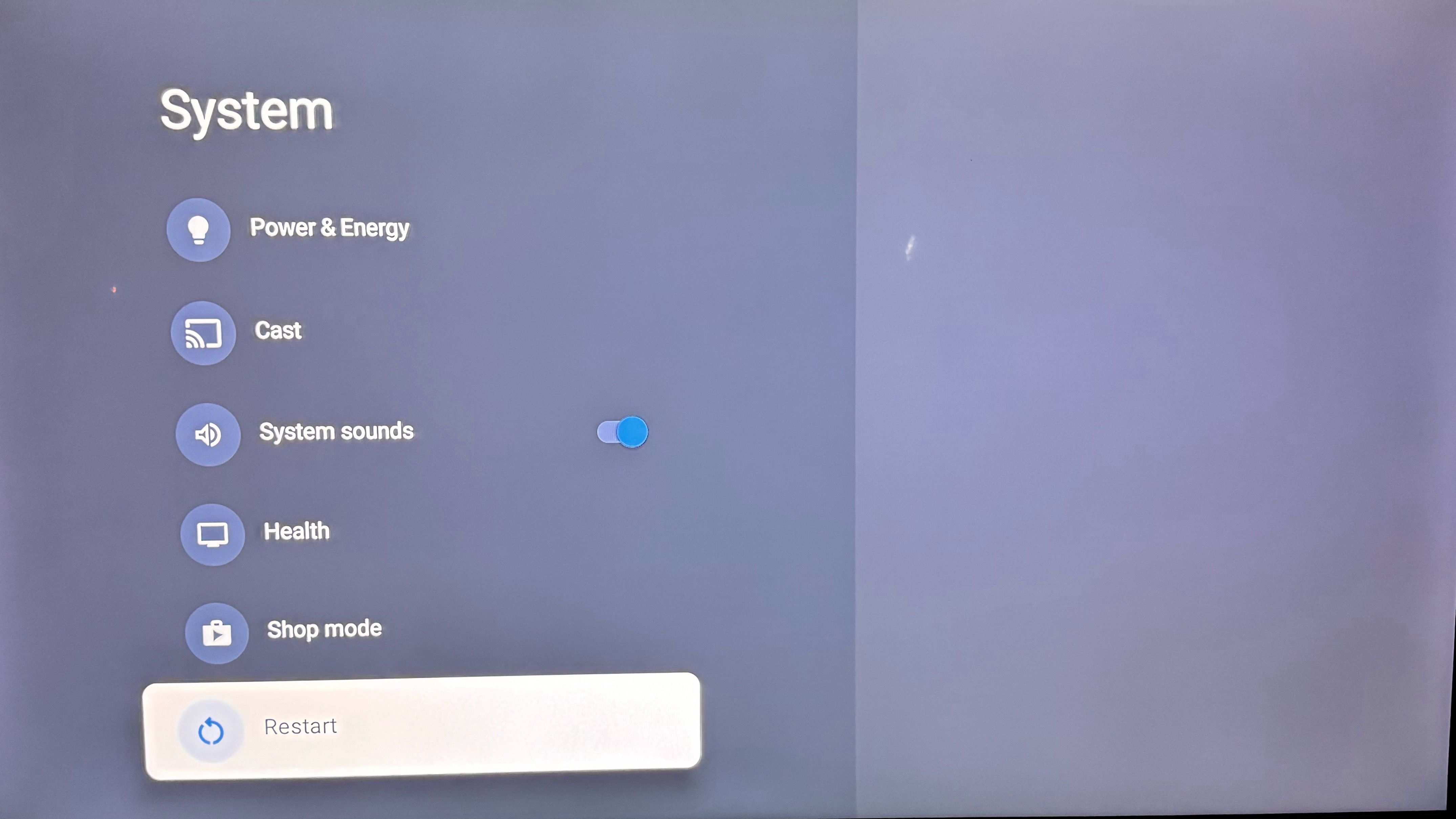 Restart menu in Google TV Settings