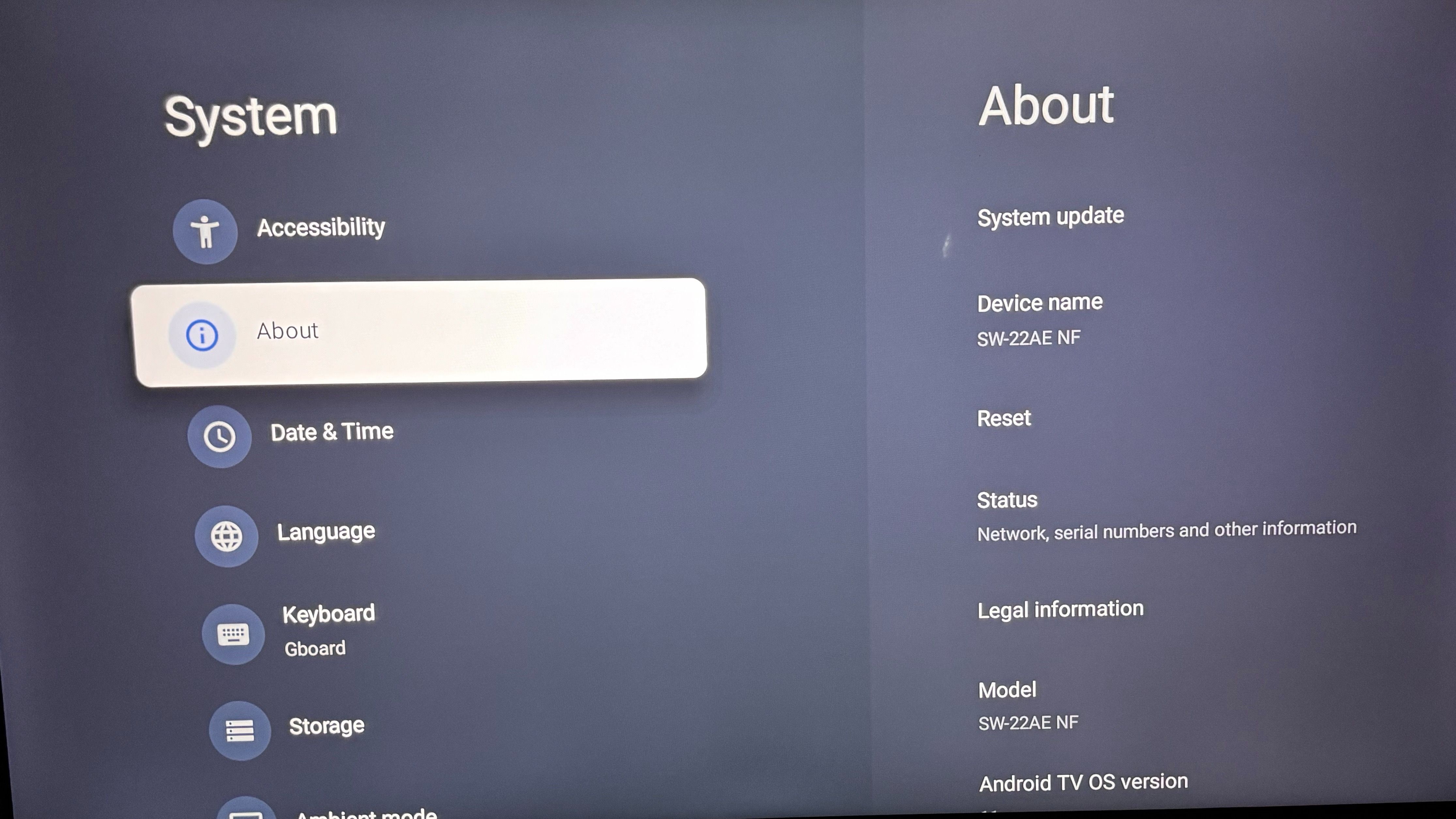 Factory reset in Google TV Settings