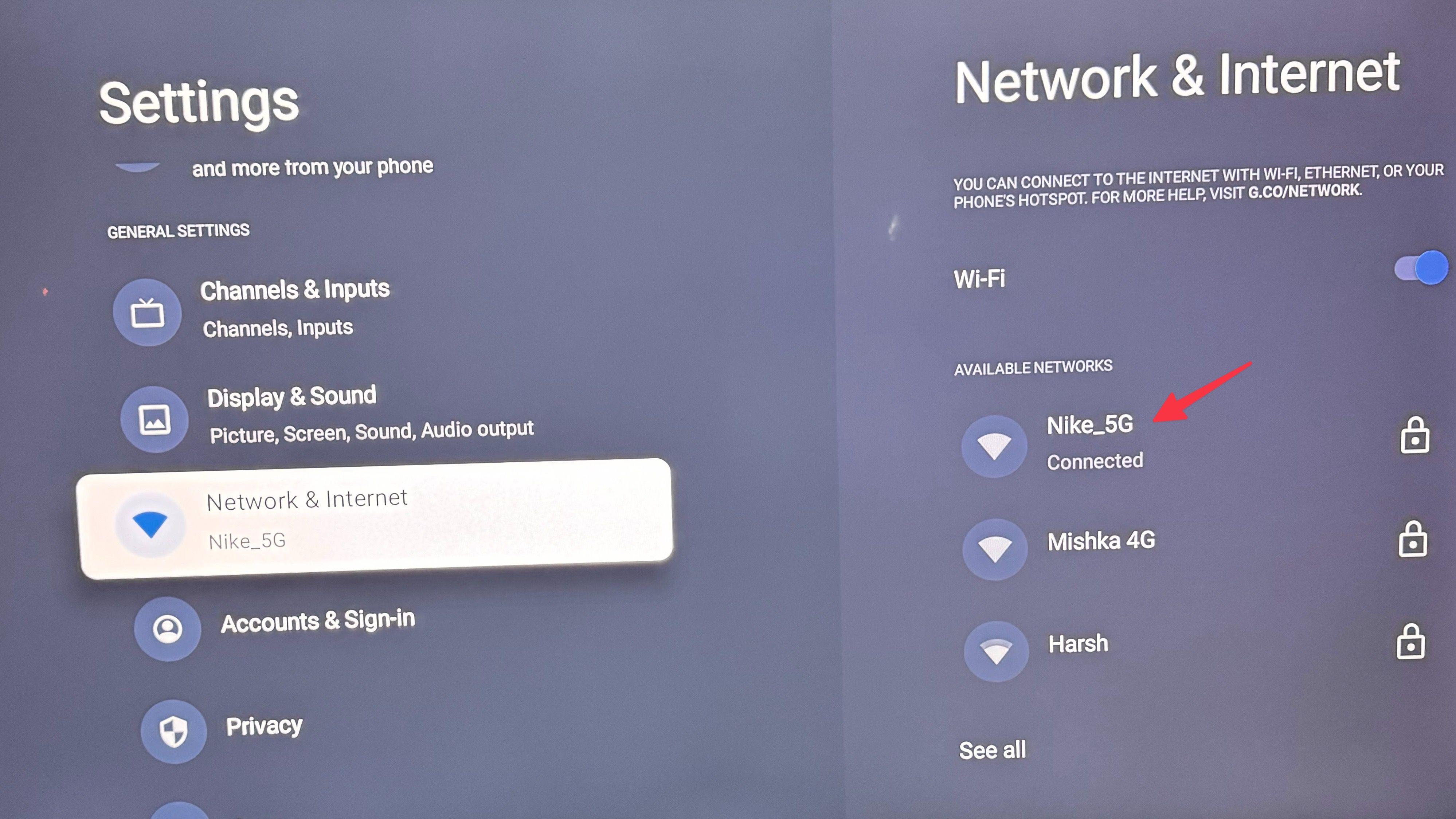 Wi-Fi menu in Google TV Settings