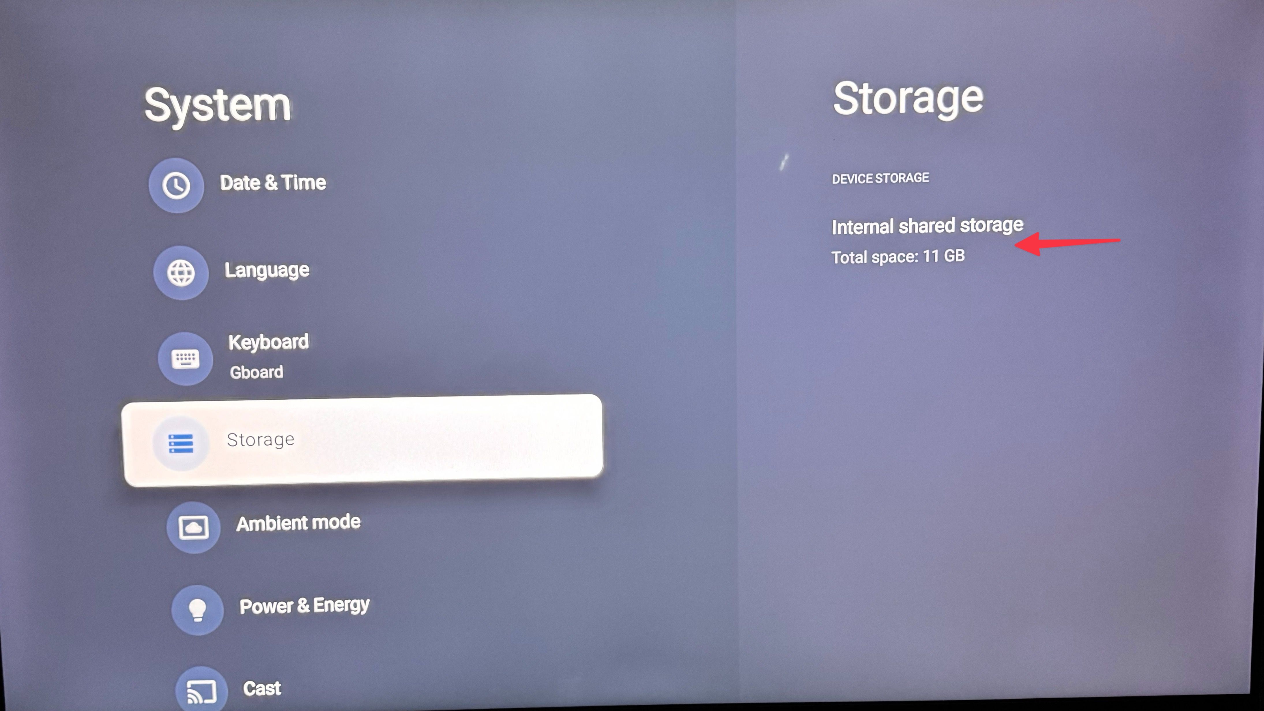 Storage menu in Google TV Settings