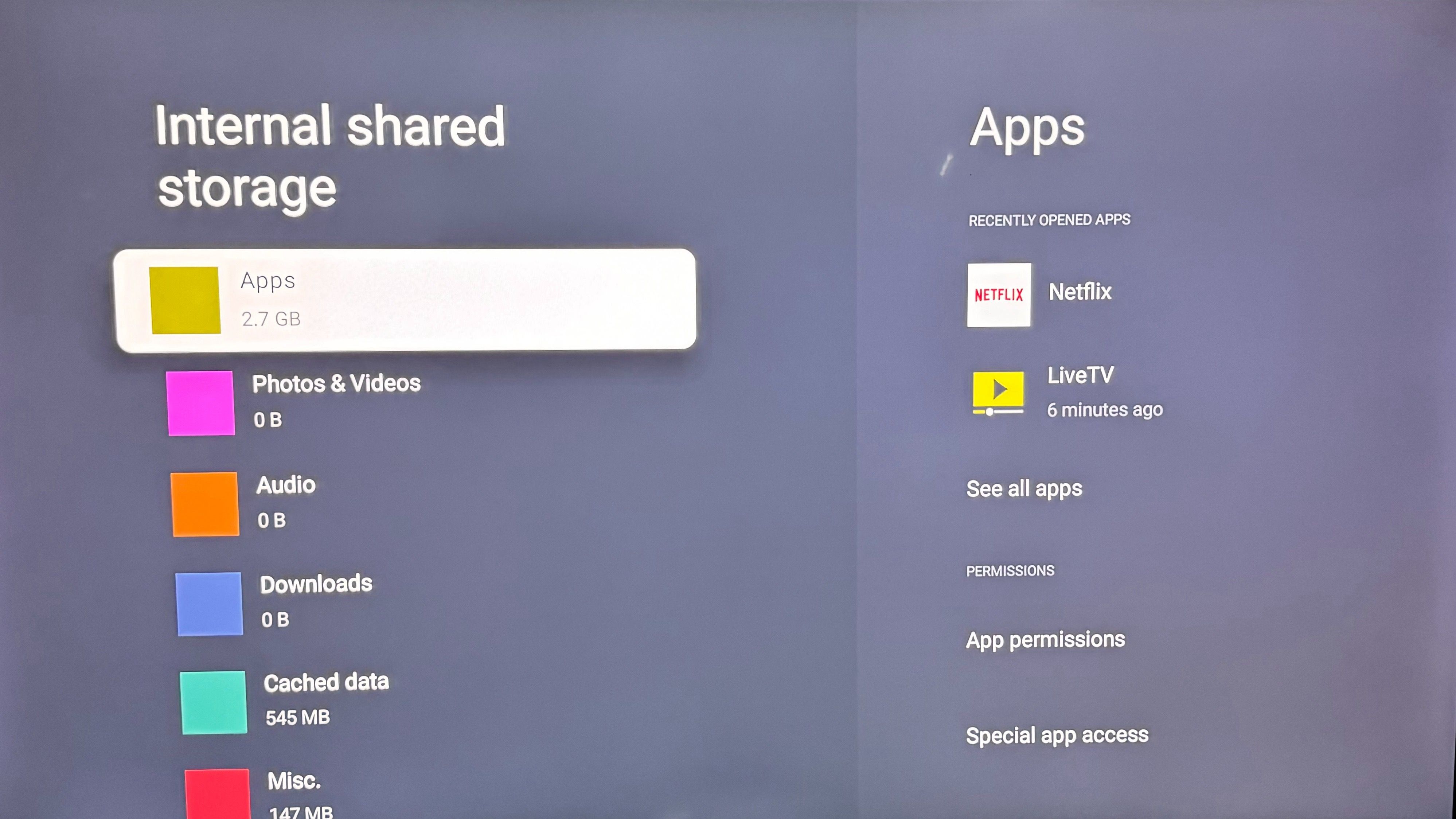 Apps menu in Google TV Settings