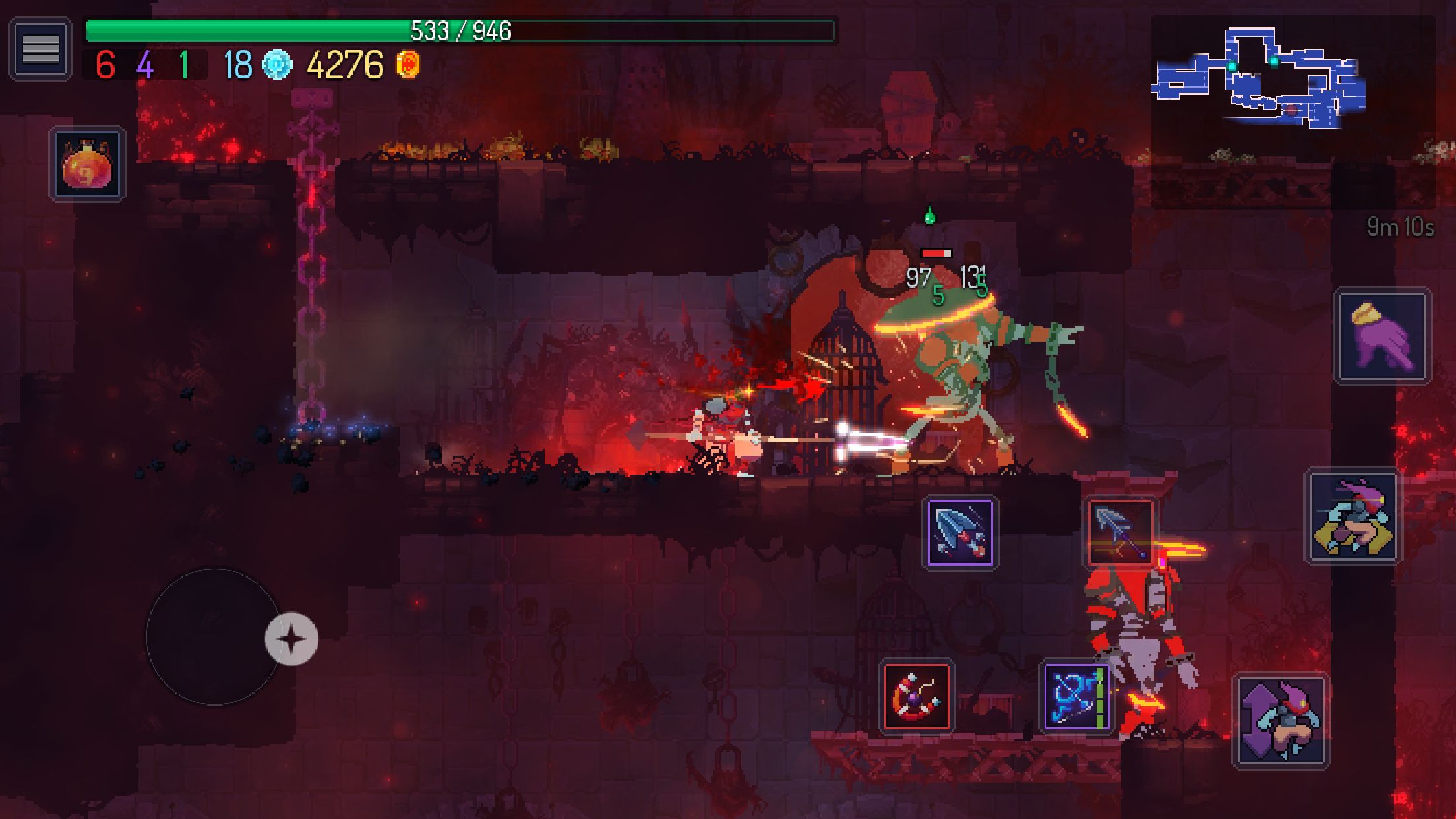 Dead Cells screenshot showing character attacking enemies with red screen