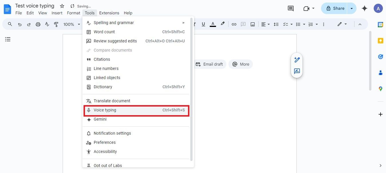 Screenshot highlighting Voice typing in Google Docs