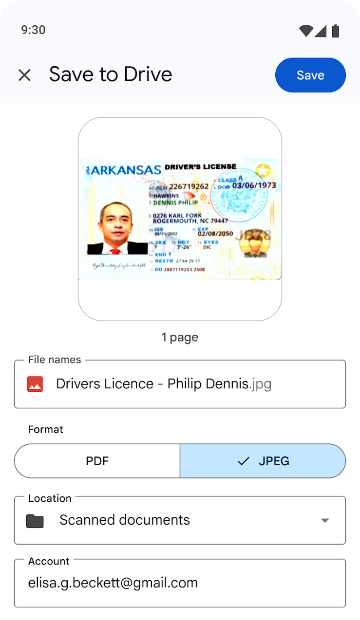 A screenshot of Google Drive's new save as JPEG option for scanned documents.