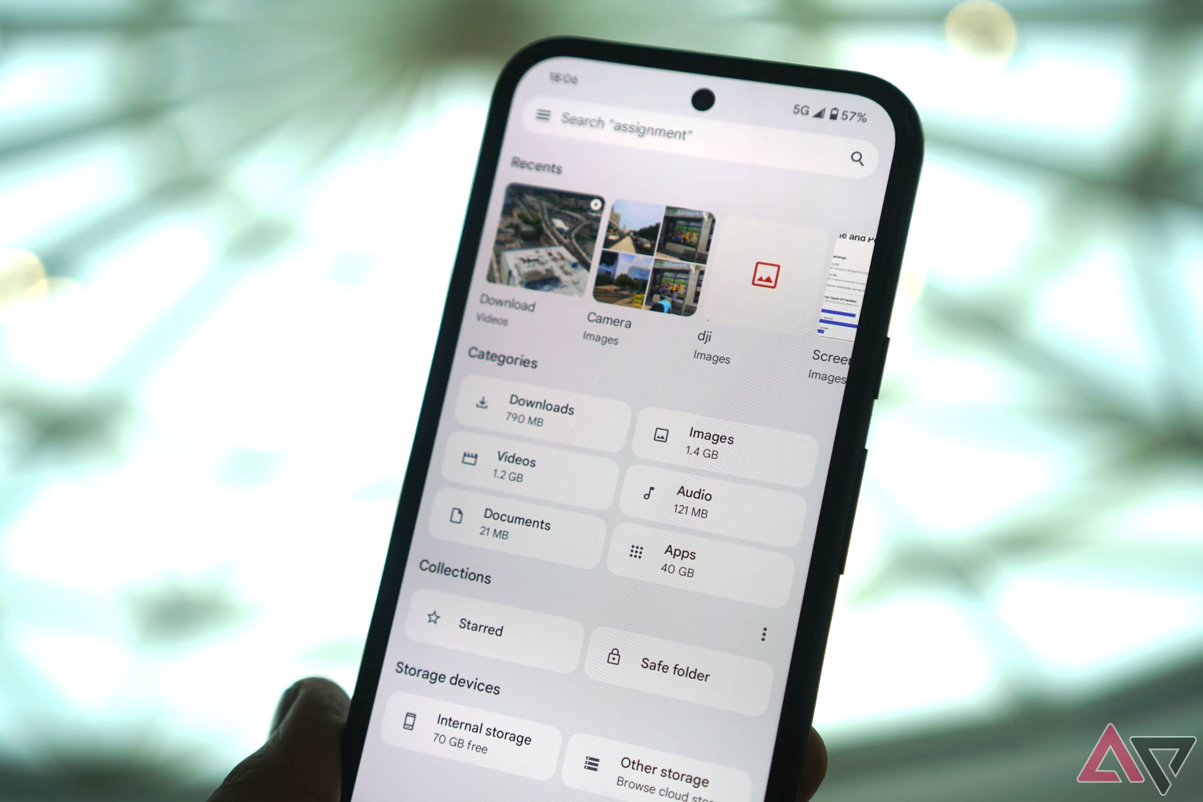 An image showing a smartphone with the Files by Google app’s home page