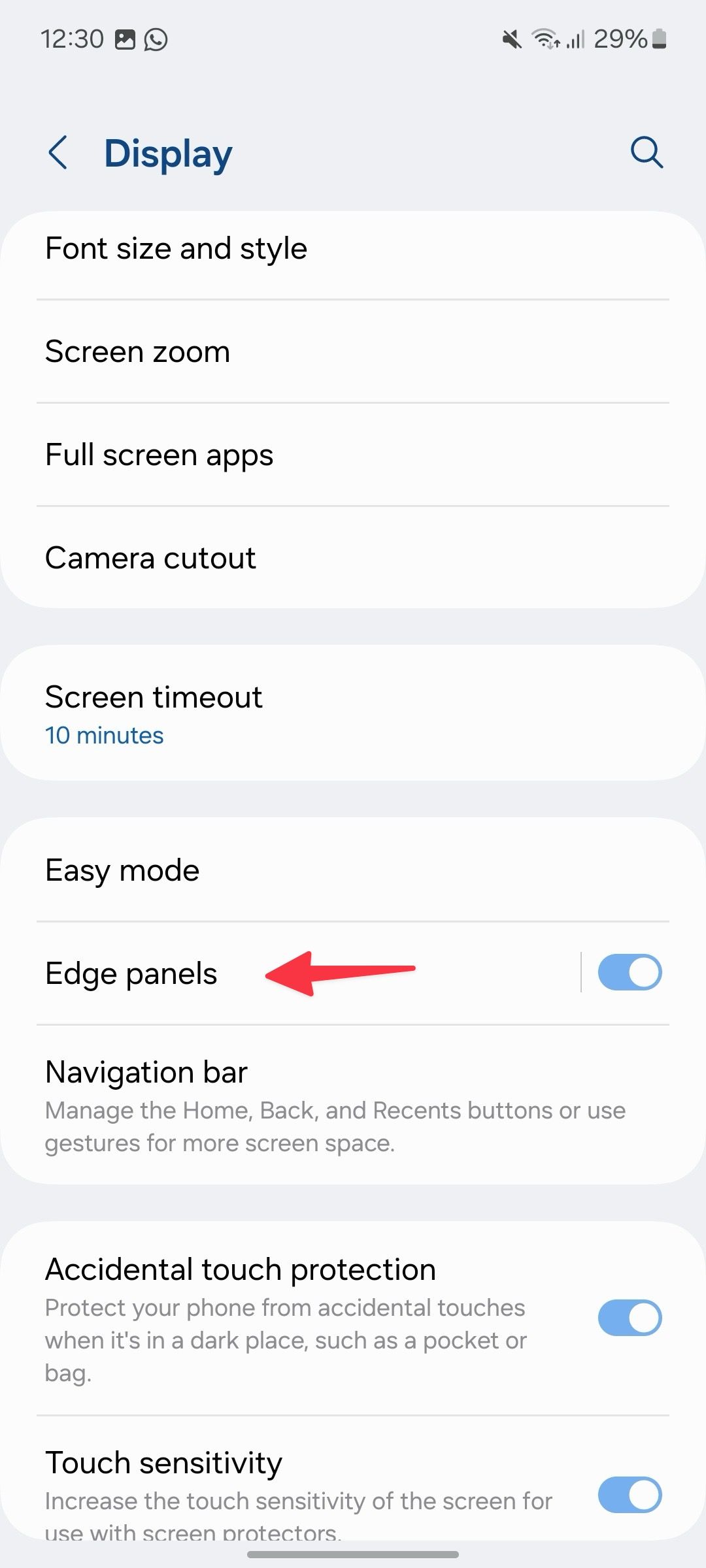 Edge panel settings in Galaxy A15