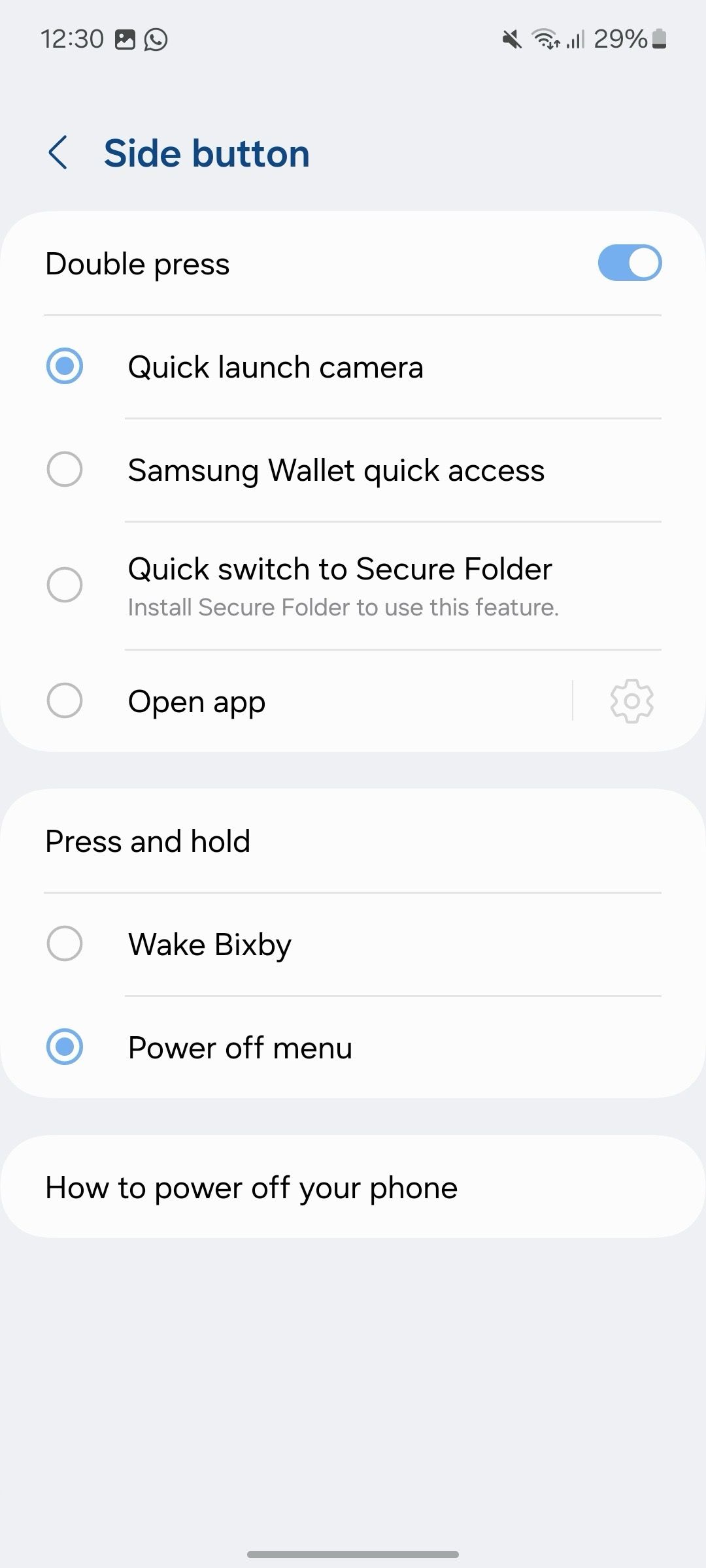 Side button settings in Galaxy A15