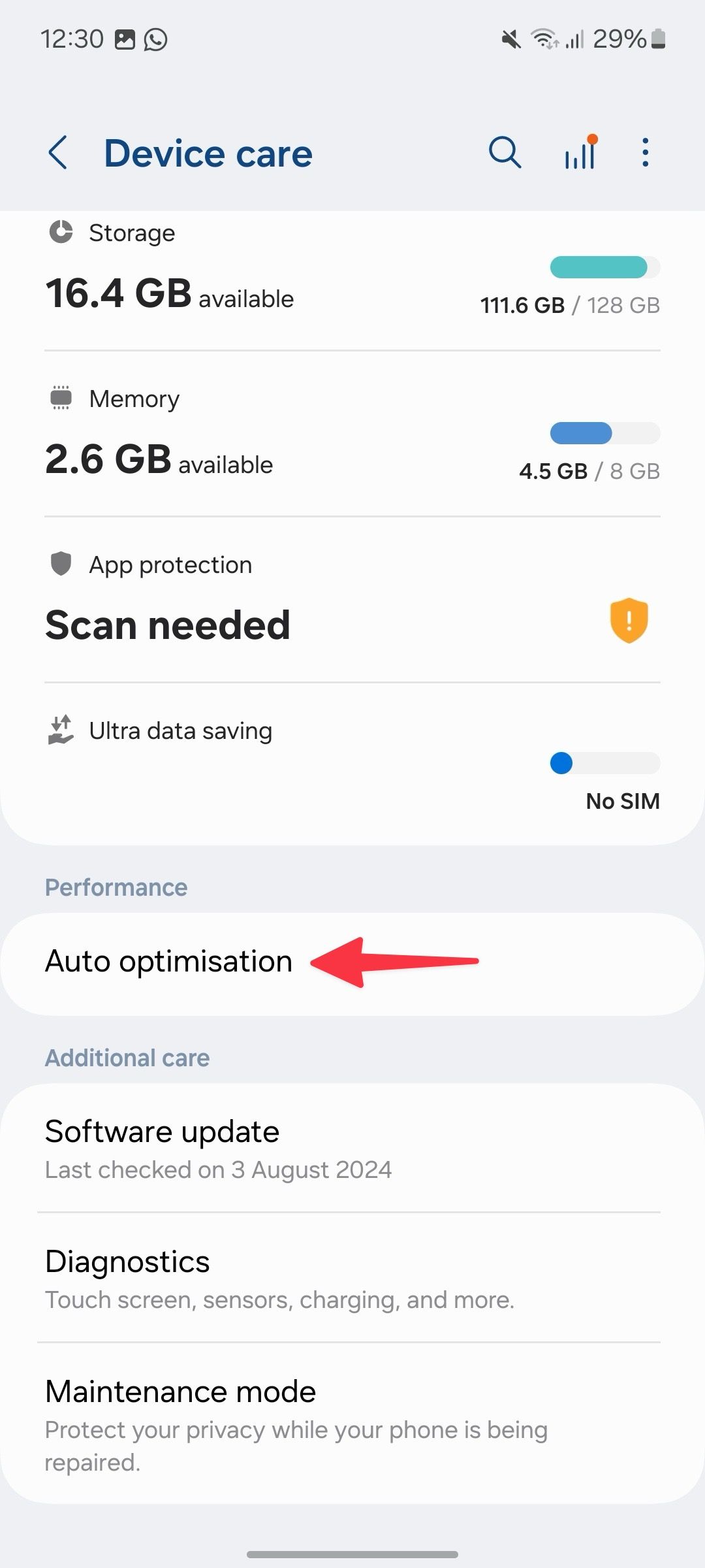 Auto optimizaton in Galaxy A15