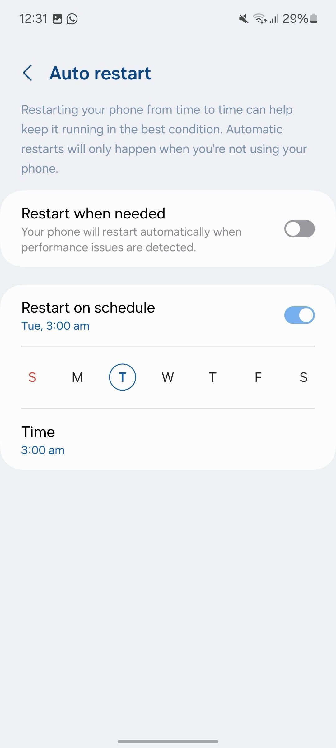 Auto restart settings in Galaxy A15