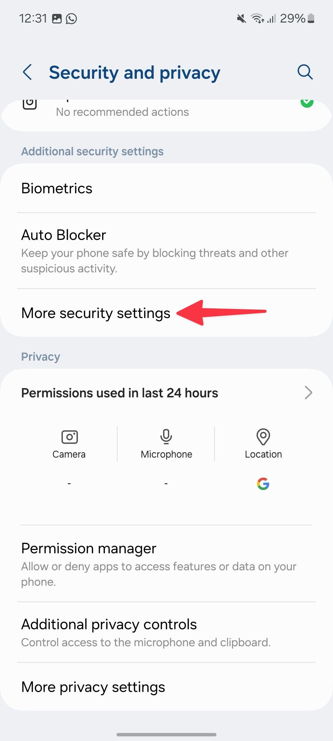 Security settings in Galaxy A15