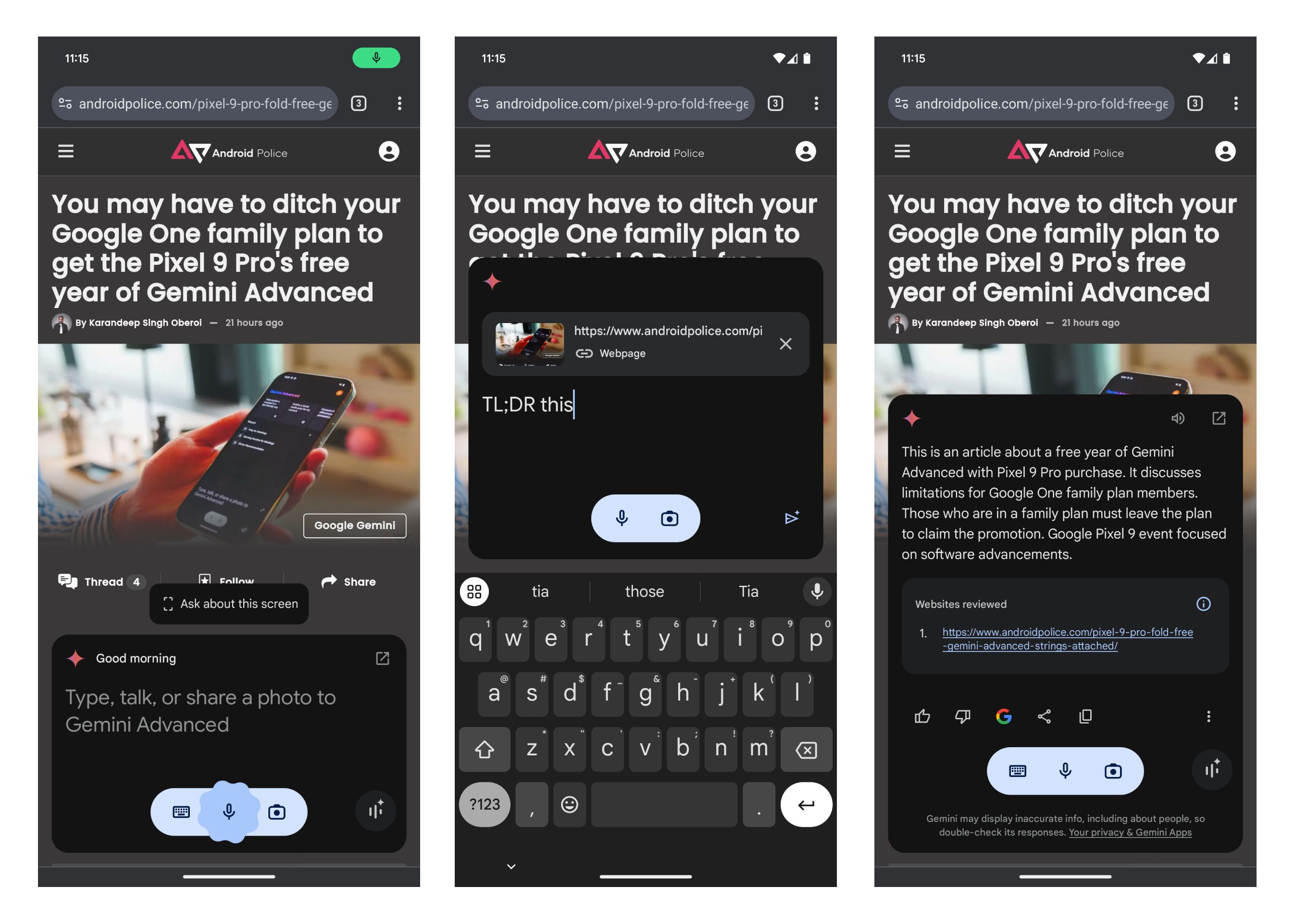 Screenshot's of Gemini's new Ask about this screen feature in action.