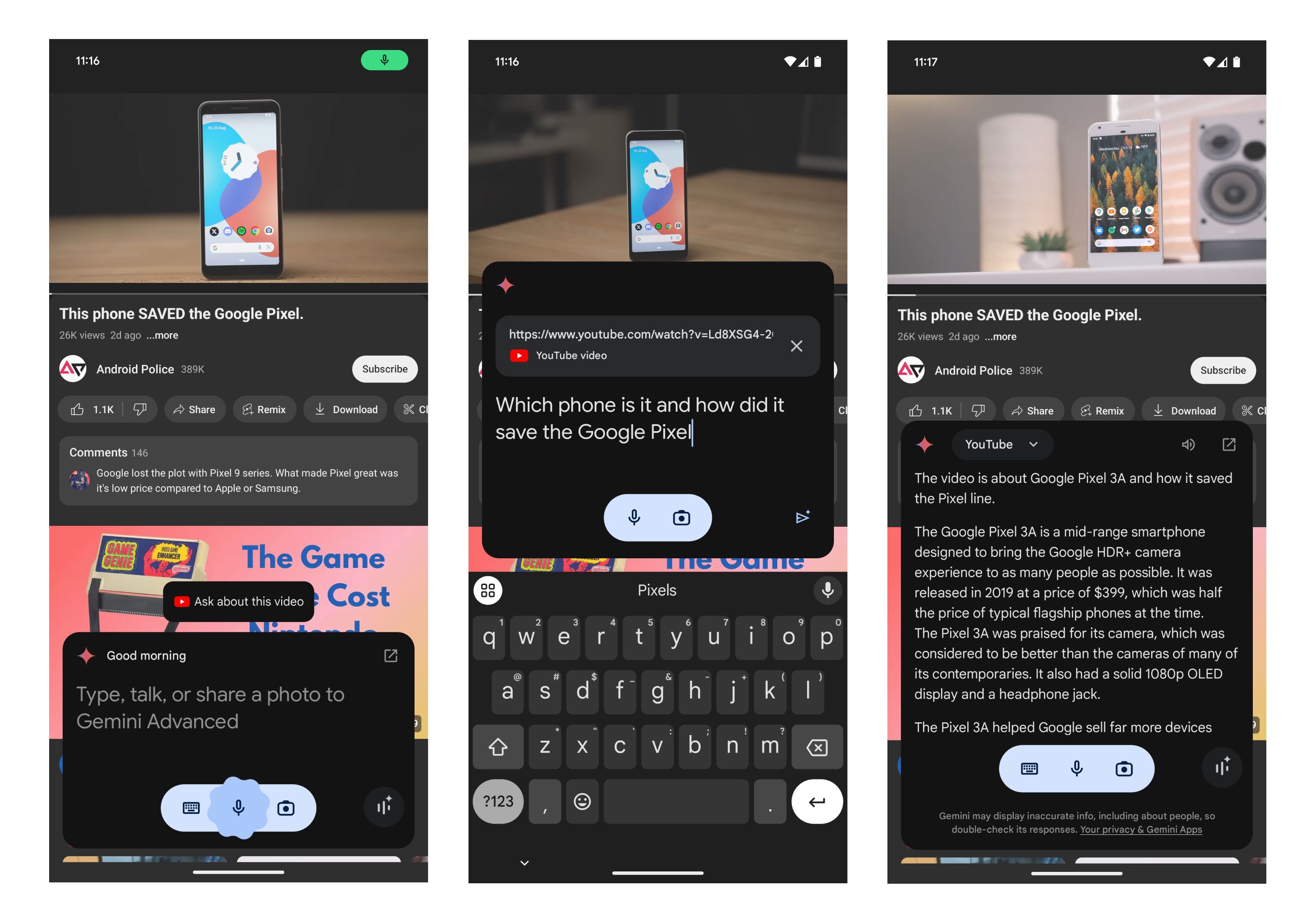 Screenshots of Gemini's new Ask about this video feature.