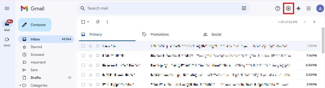Screenshot highlighting the cog icon (Settings) in Gmail