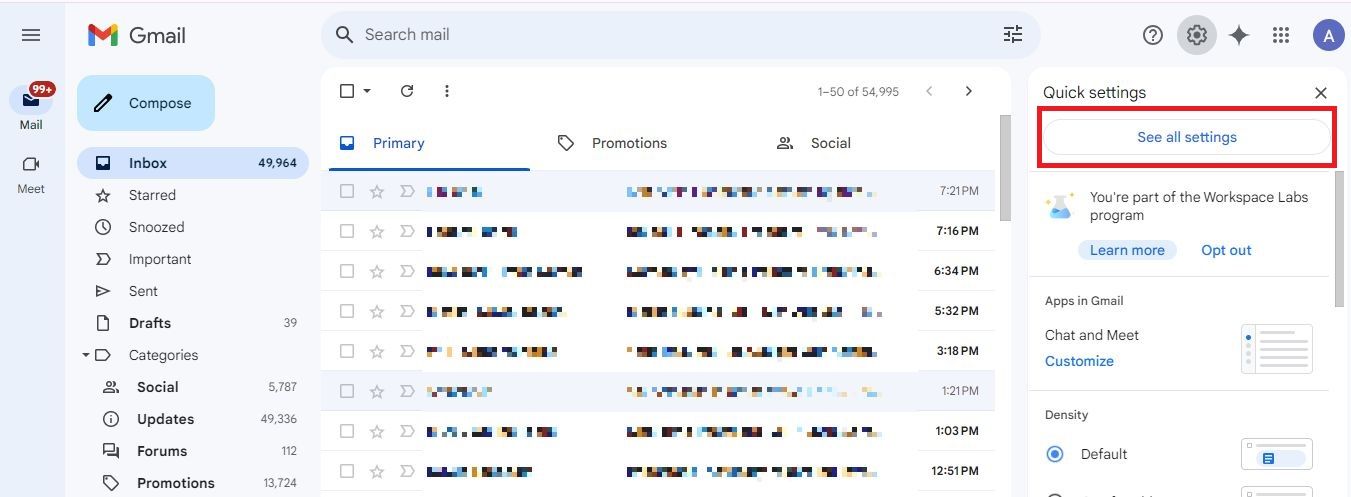 Screenshot highlighting See all Settings in Gmail