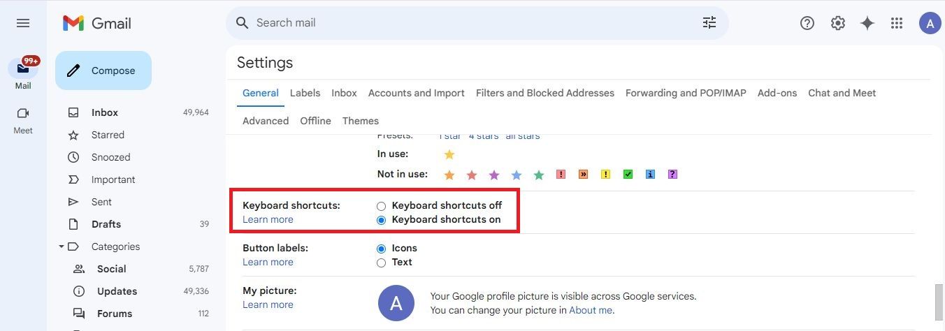 Screenshot highlighting the enabled keyboard shortcuts in Gmail