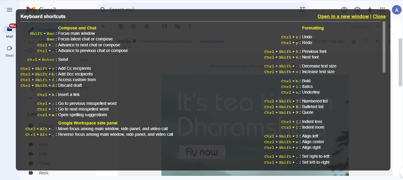 Screenshot showing all keyboard shortcuts in Gmail