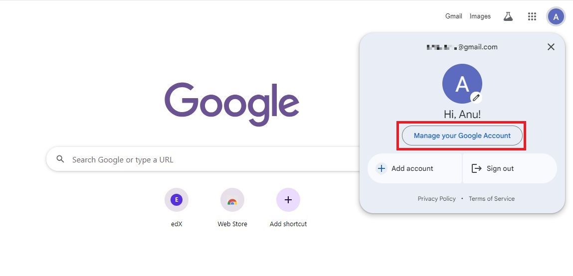 Screenshot highlighting “Manage your Google Account”