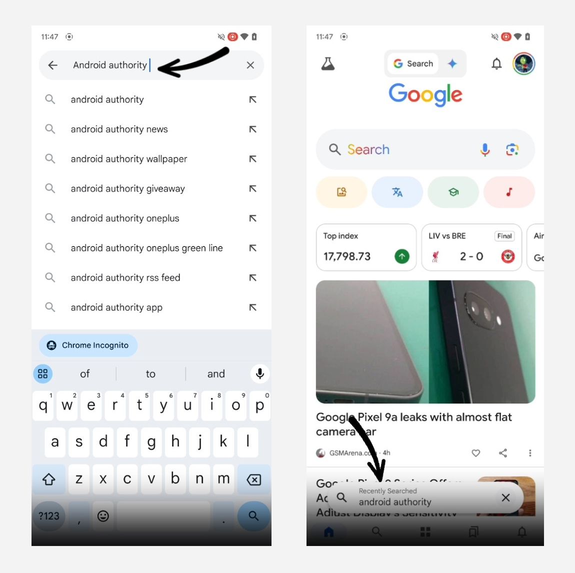 Screenshots highlighting the upcoming Search Recall feature in the Google App.