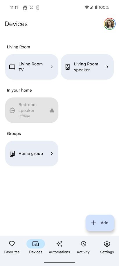 google home app showing rounded squares with device names inside