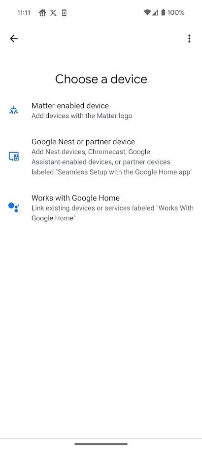 Google Home app showing the Choose a device screen