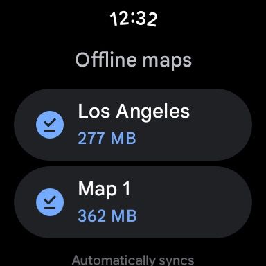 Google Maps showing the list of Wear OS offline downloads