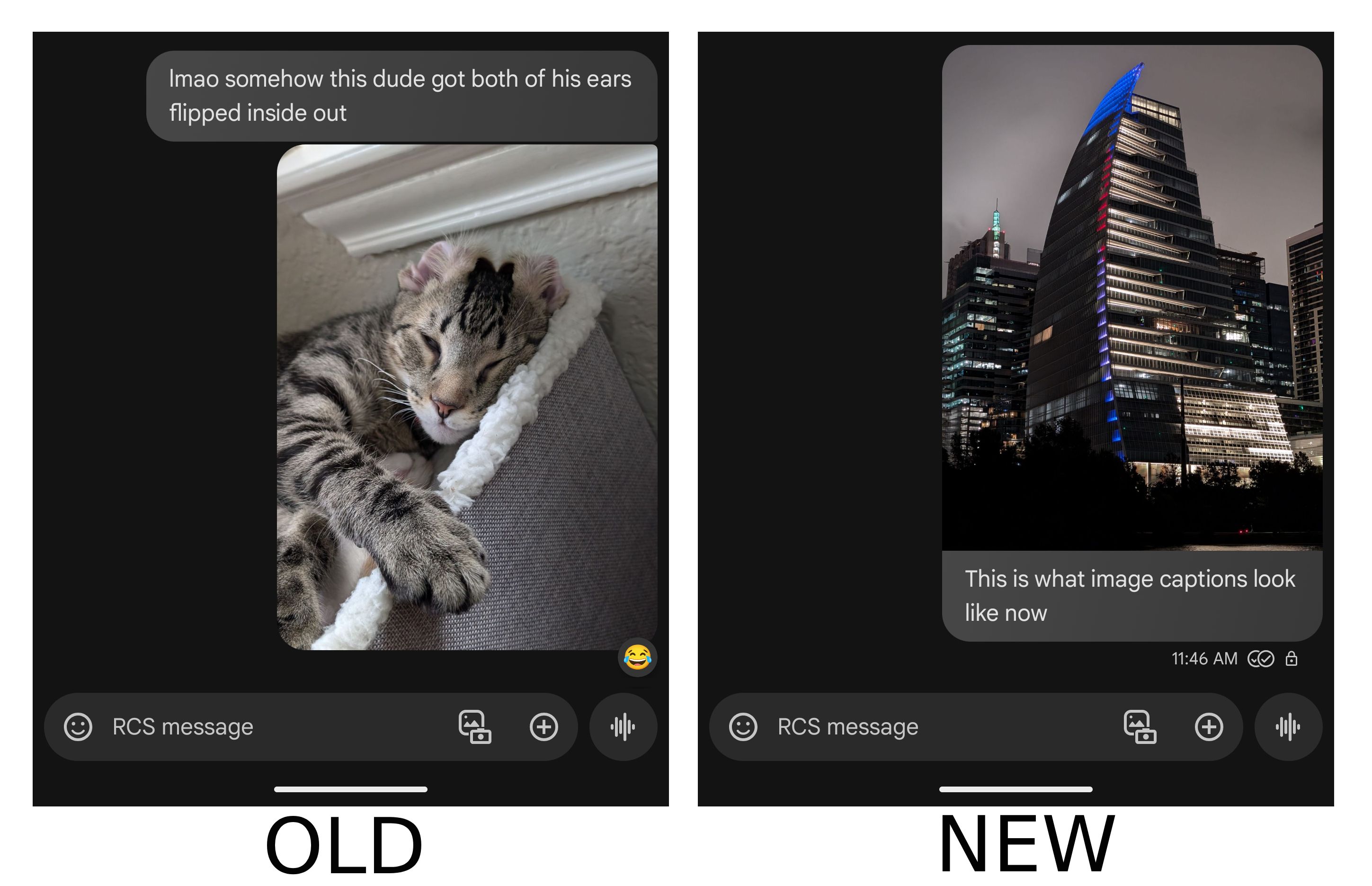 Screenshots of Google Messages' UI show what captions look like versus how they look now.