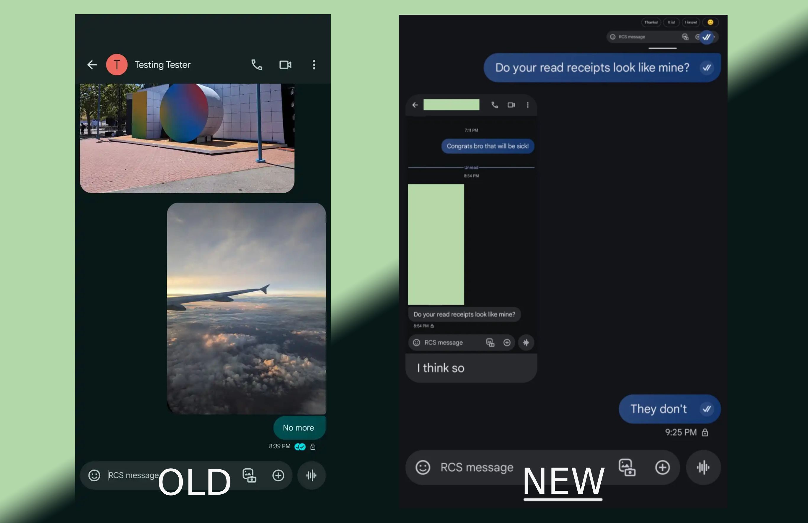 Screenshots of Google Messages' old and new read receipt UI.