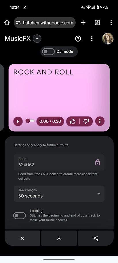 google's music ai generation tool on mobile showing options and a pink box with text