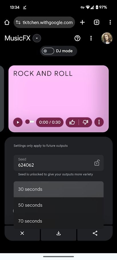 google's music ai generation tool on mobile with a pink box showing music track