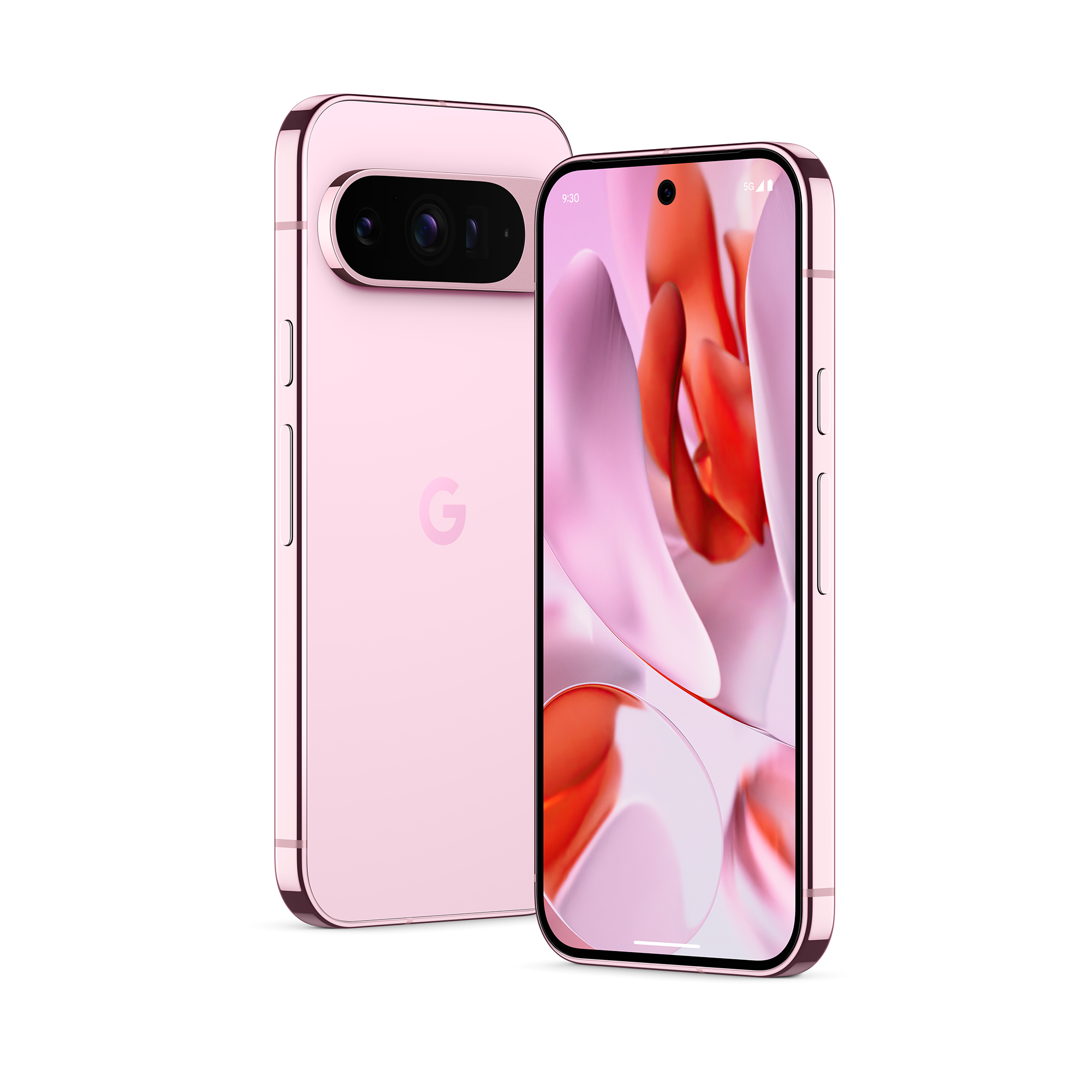 Rendering of the Google Pixel 9 Pro in pink against a white background.