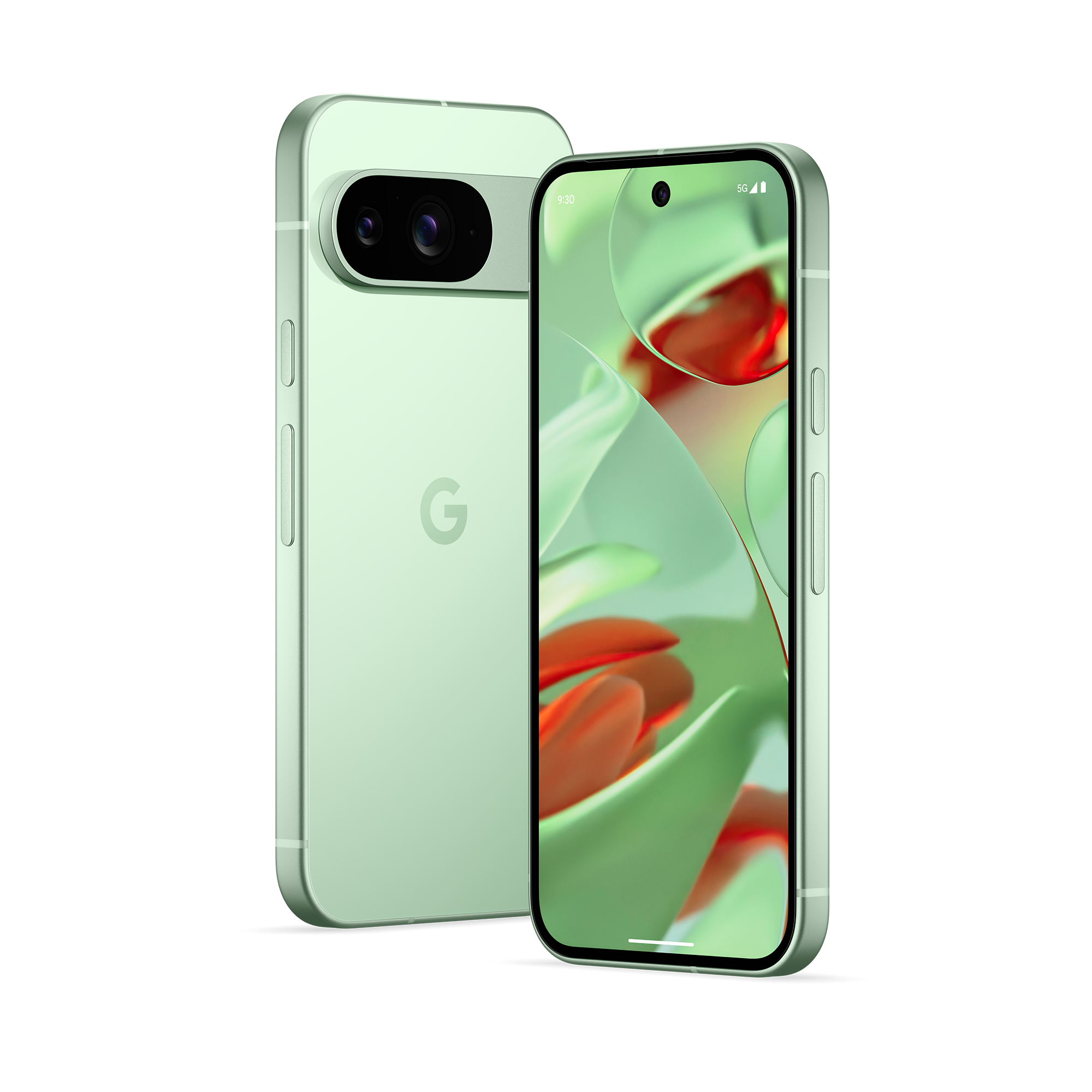 Tampilan Google Pixel 9 di Wintergreen dengan latar belakang putih.