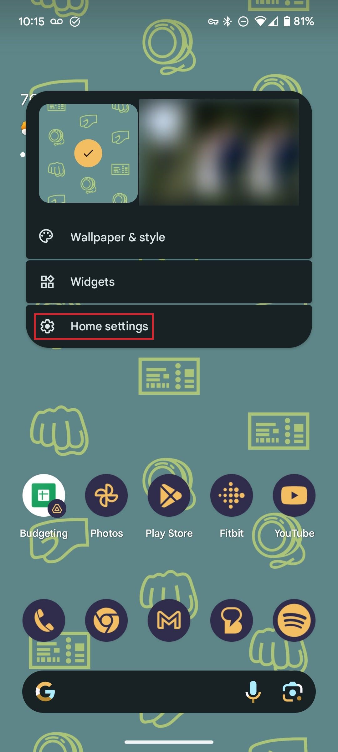 The home screen menu on a Google Pixel phone with the Home settings option highlighted with a red box