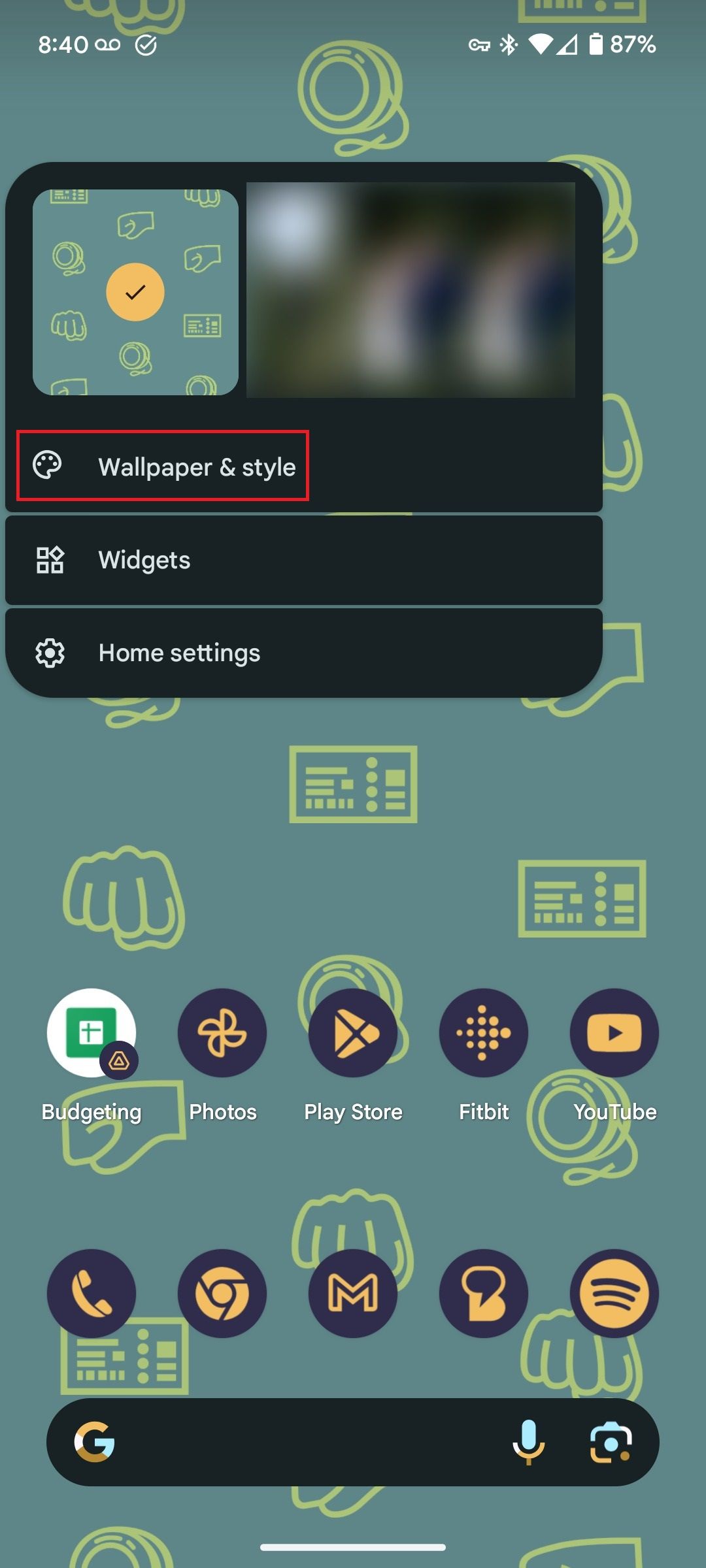 The home screen of a Google Pixel phone with the home screen menu open and the Wallpaper & style option highlighted with a red box